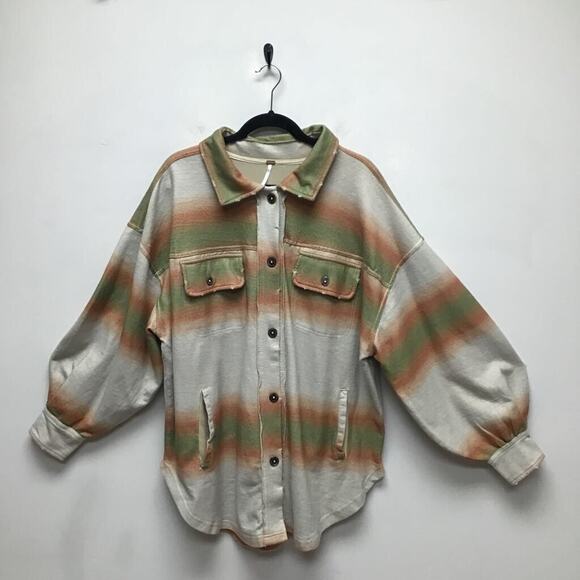 Free People Ruby Shacket Shirt jacket Beige Long Sleeve Distressed Pockets L New - Picture 3 of 11